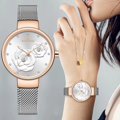 Women Watch  Top Luxury Brand Steel Mesh Waterproof Ladies Watches Flower Quartz Female Wristwatch Charming Girl Clock