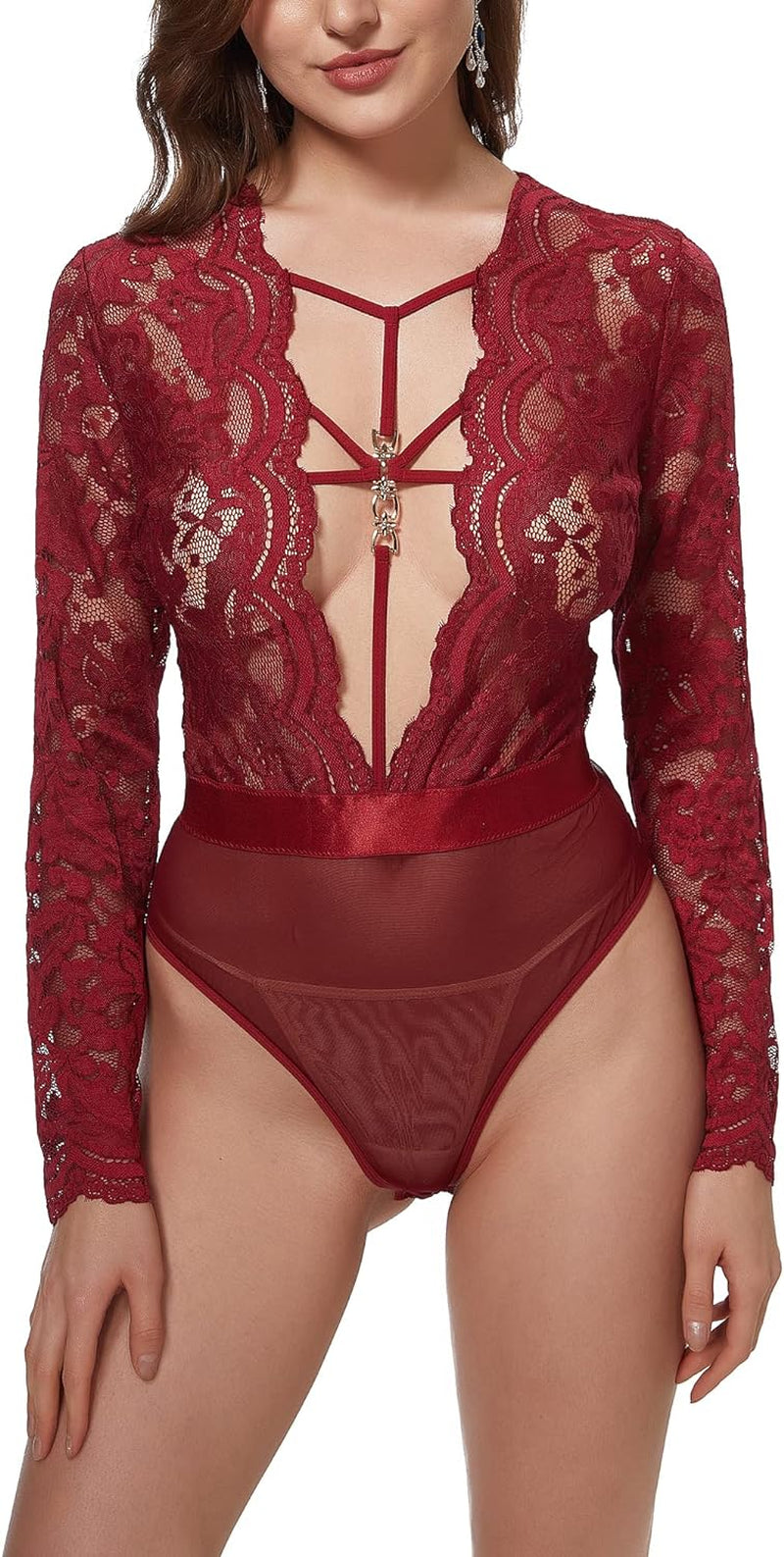 Women One Piece Teddy Bodysuit plus Size Sexy Snap Crotch Lingerie Set Lace Long Sleeve V Neck Mini Bodysuit Tops