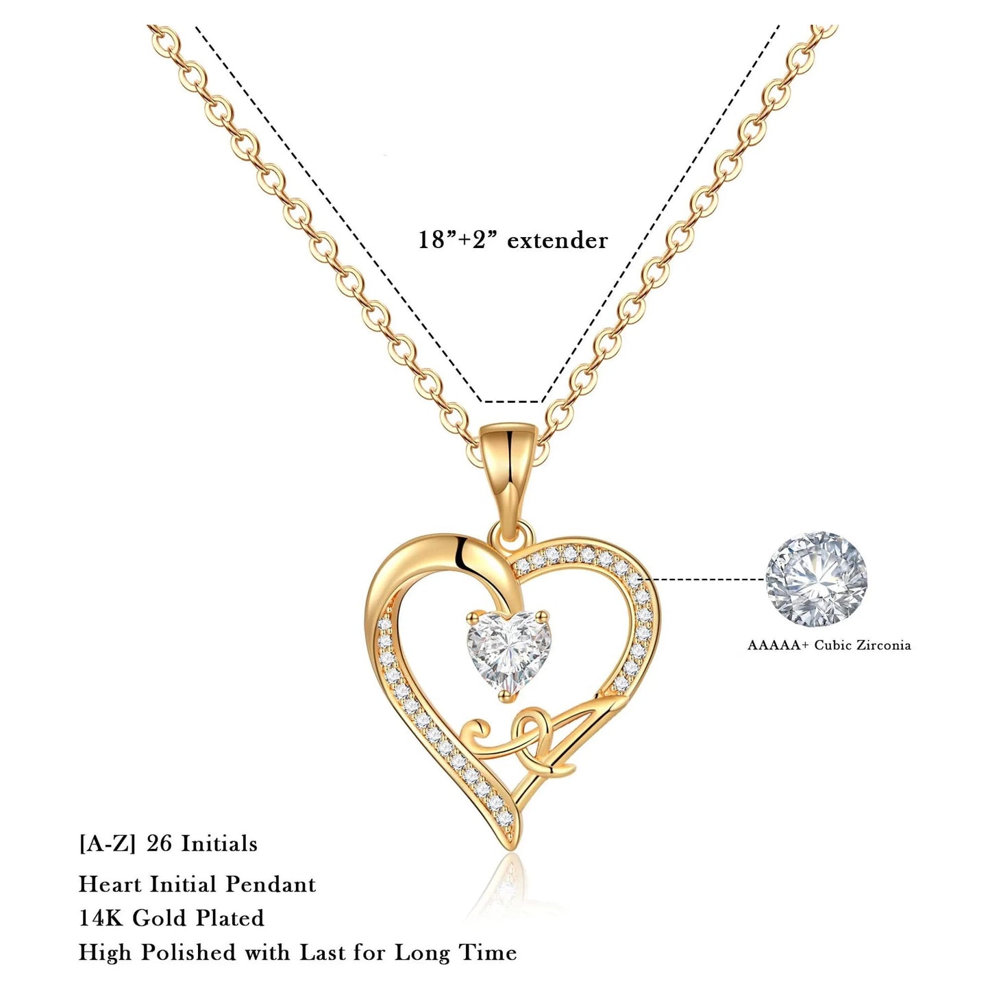 Initial Heart Necklace for Women Cubic Zirconia 14K Gold Plated Initial Heart Pendant Necklace