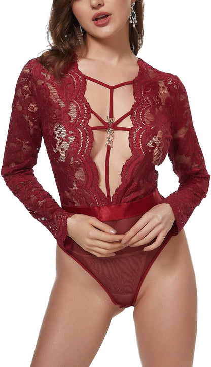 Women One Piece Teddy Bodysuit plus Size Sexy Snap Crotch Lingerie Set Lace Long Sleeve V Neck Mini Bodysuit Tops